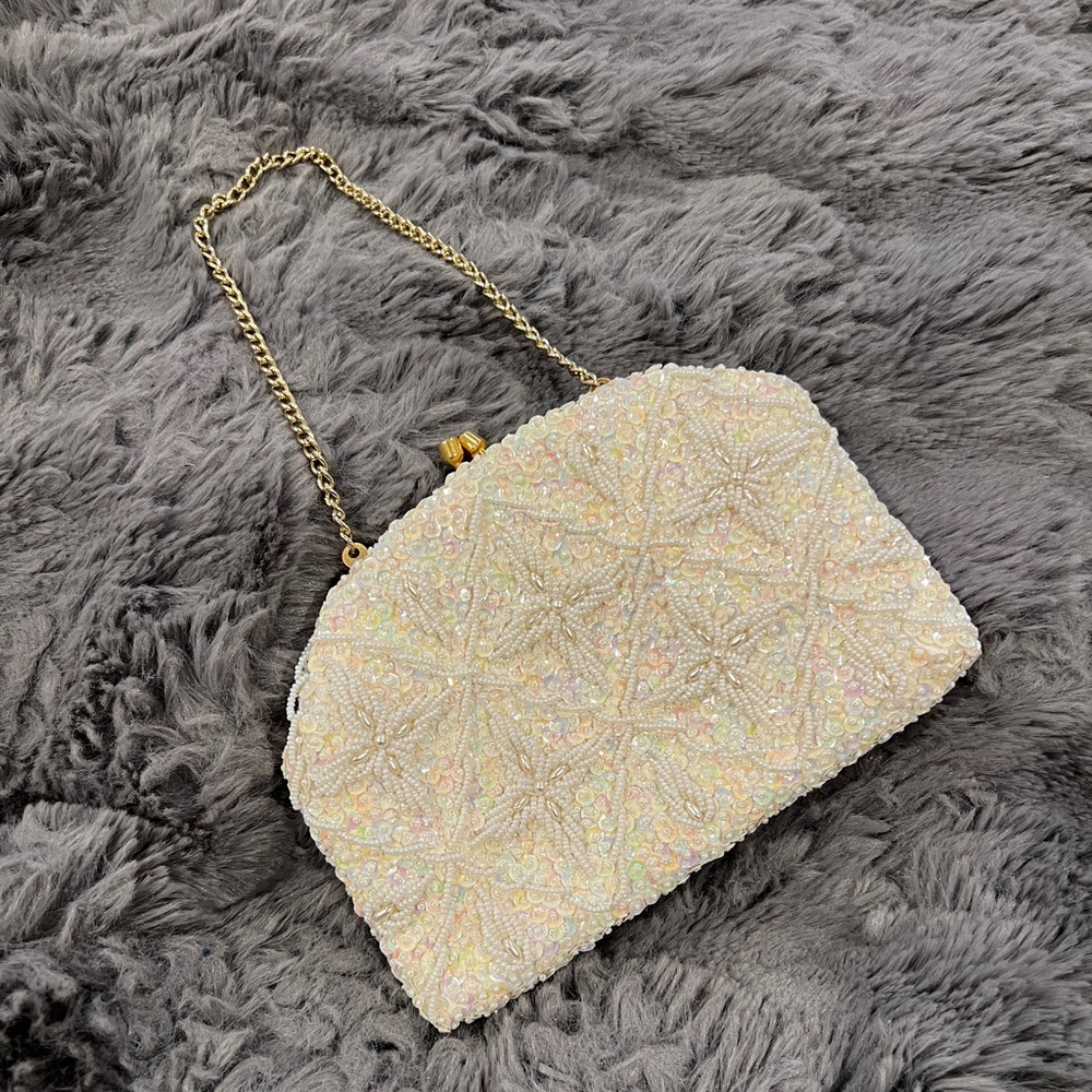 Vintage 1950’s Handmade Ivory beaded w/ Sequins Clutch/Handbag Made in Hongkong